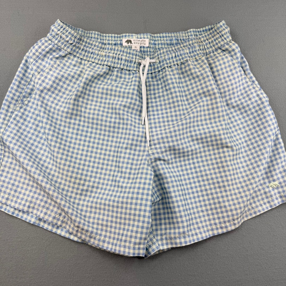 Onward Reserve Swim Trunks Mens XL Blue Gingham Check Mesh Lined Shorts